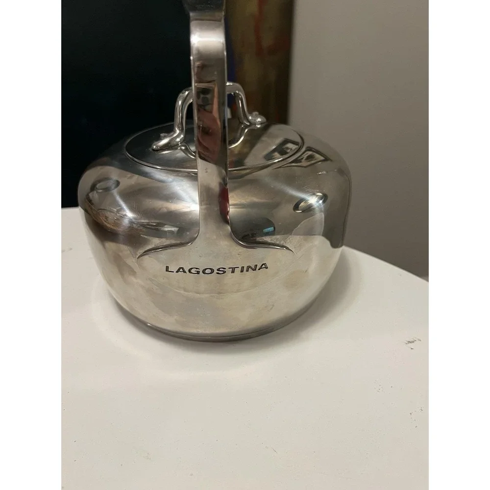 Vtg Lagostina Stainless Steel Stovetop Tea Kettle Dramatic Architecural Handle